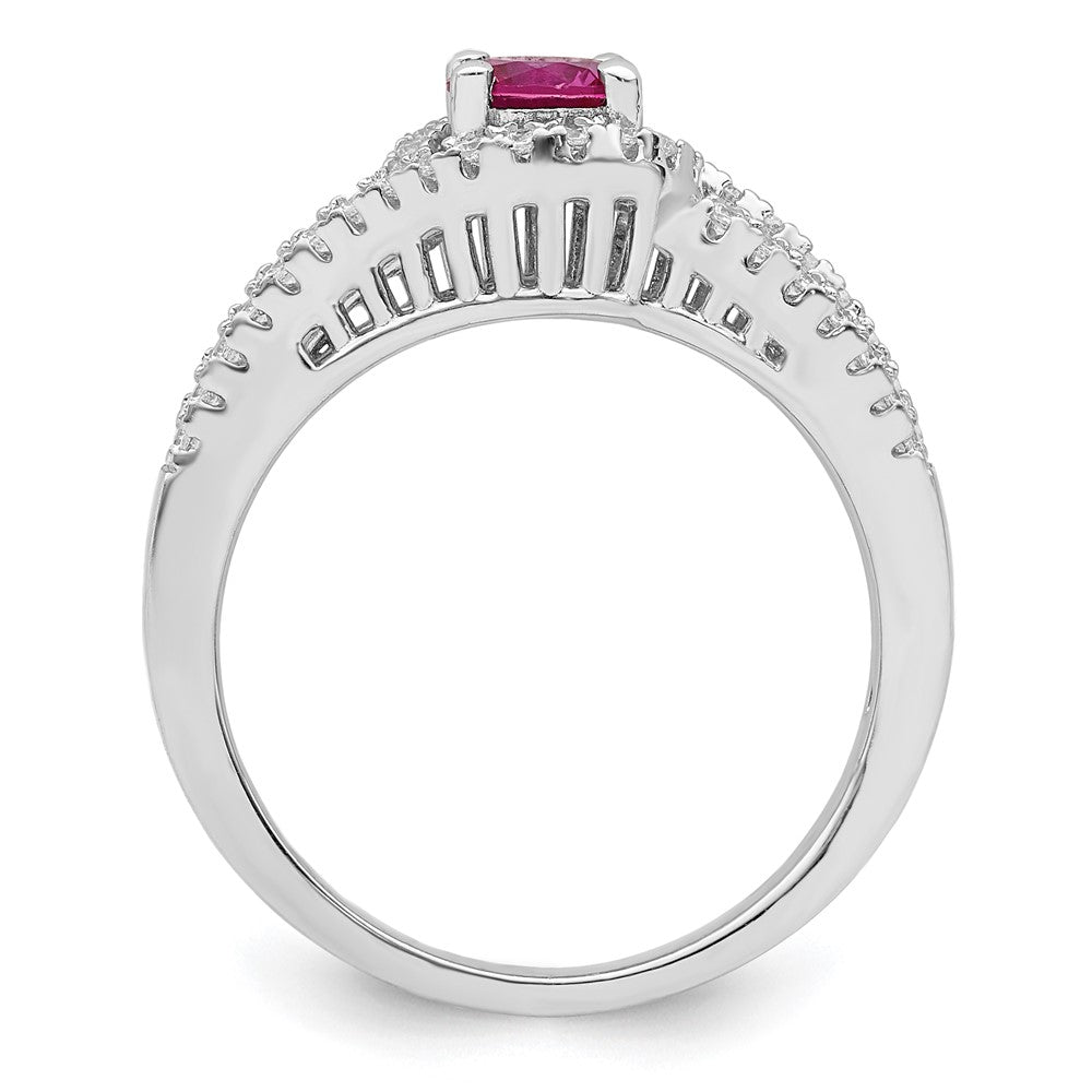 Sterling Silver Rhodium Plated Created Red Corundum & White Cz Ring