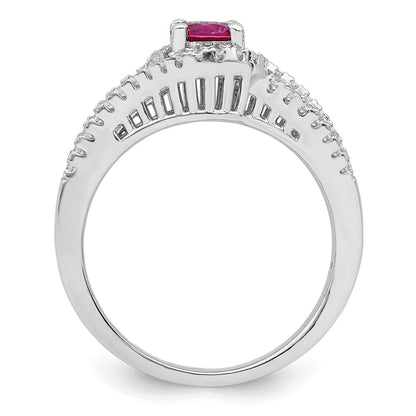Sterling Silver Rhodium Plated Created Red Corundum & White Cz Ring