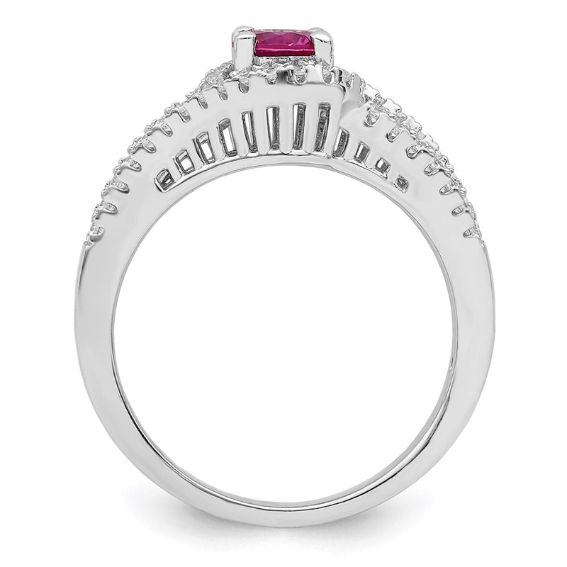 Sterling Silver Rhodium Plated Created Red Corundum & White Cz Ring