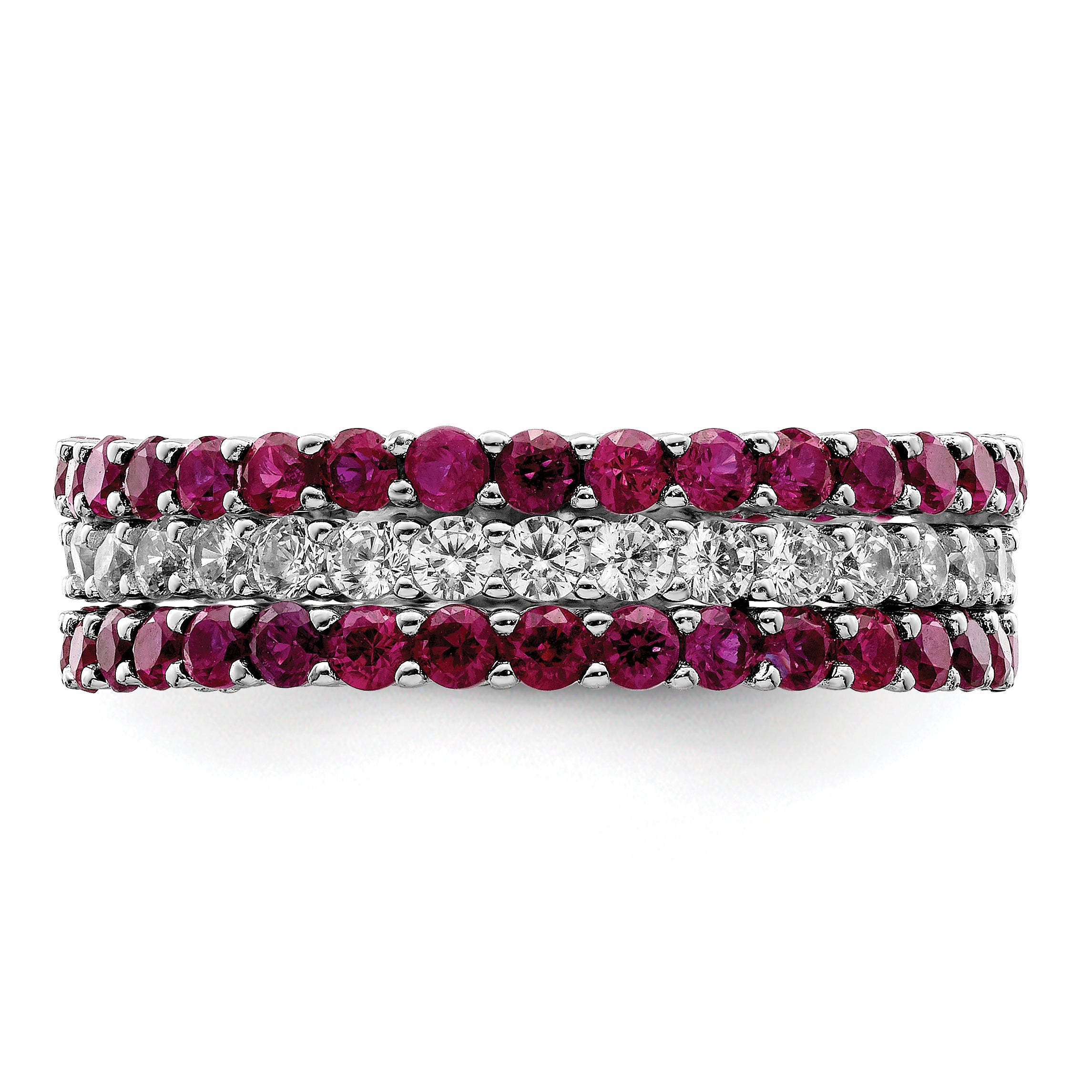 Sterling Silver Rhodium Plated Polished Pink & White Cz 3 Ring Set