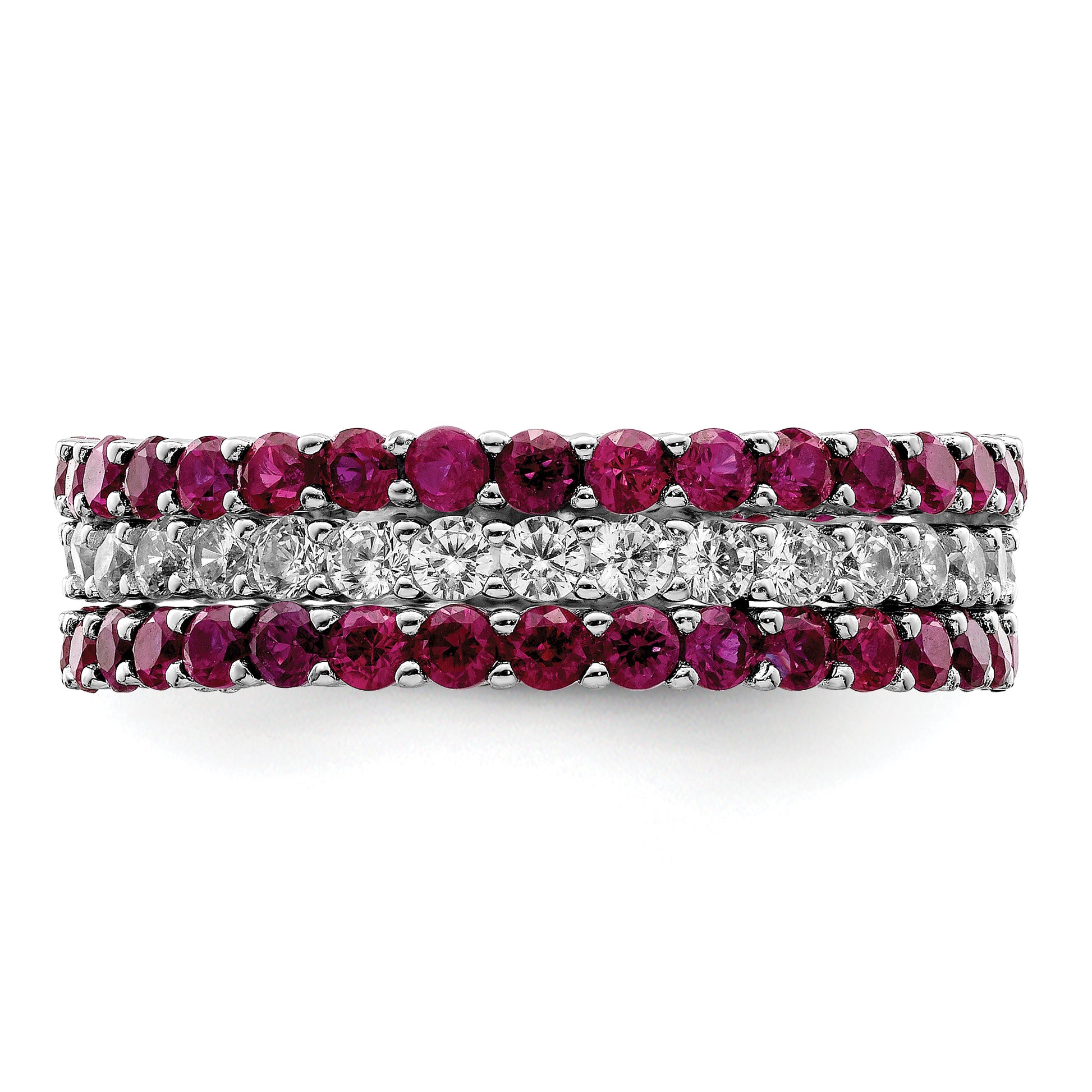 Sterling Silver Rhodium Plated Polished Pink & White Cz 3 Ring Set