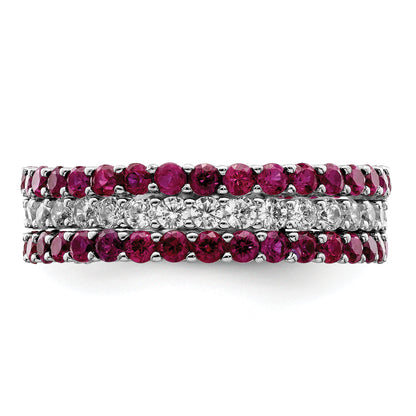 Sterling Silver Rhodium Plated Polished Pink & White Cz 3 Ring Set