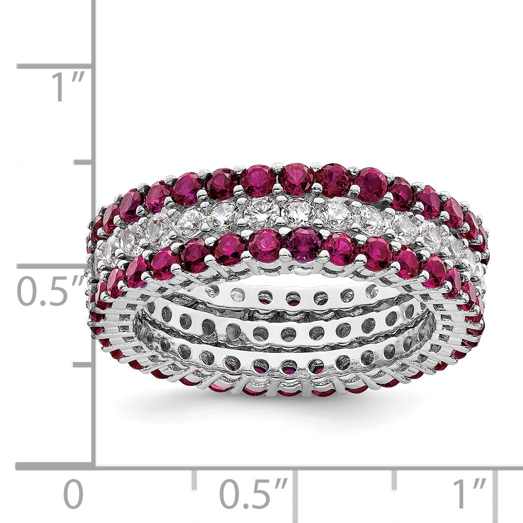 Sterling Silver Rhodium Plated Polished Pink & White Cz 3 Ring Set