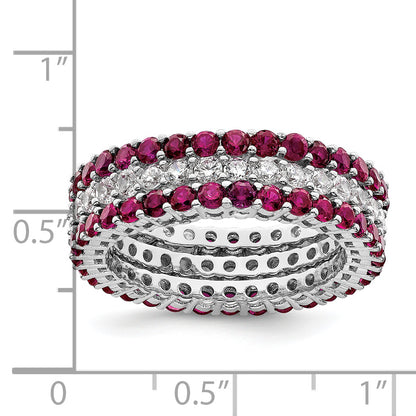 Sterling Silver Rhodium Plated Polished Pink & White Cz 3 Ring Set