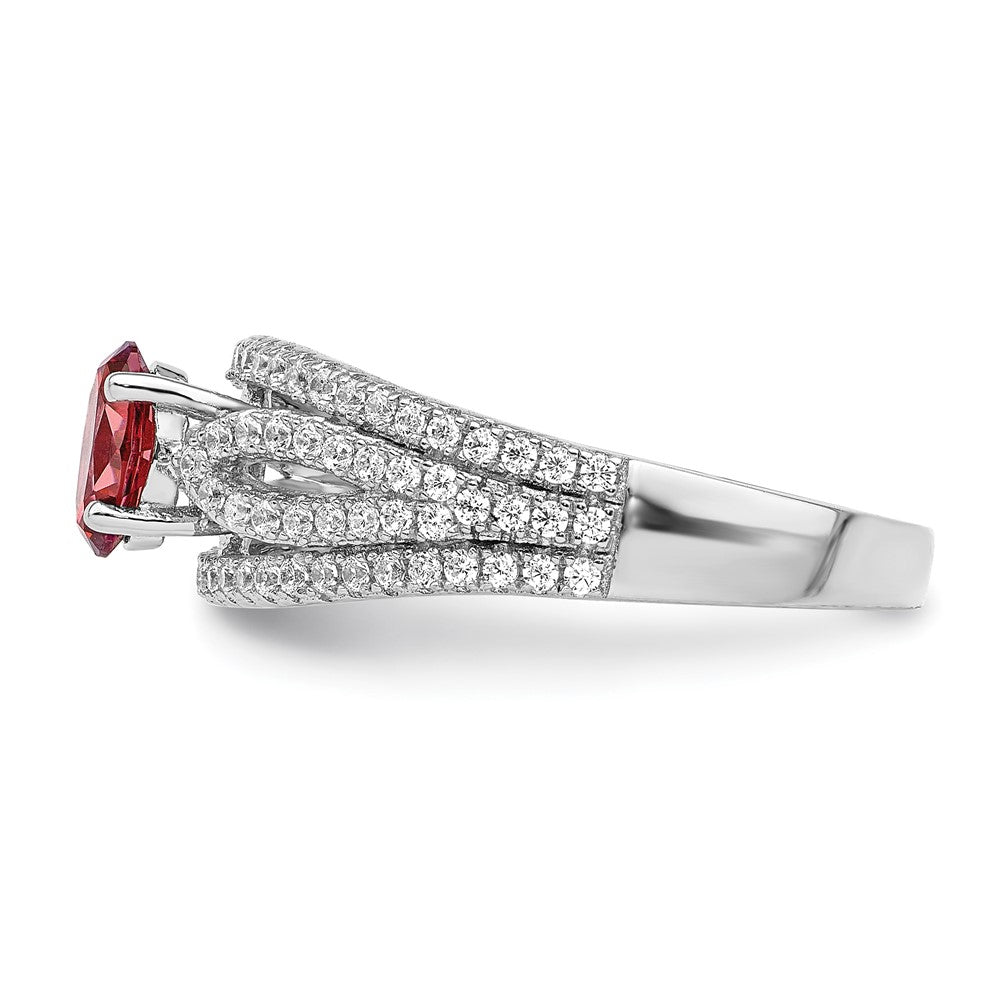 Sterling Silver Rhodium Plated Red Crystal & Cz Ring