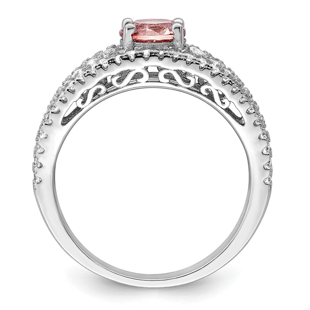 Sterling Silver Rhodium Plated Cz And Pink Glass Fancy Ring