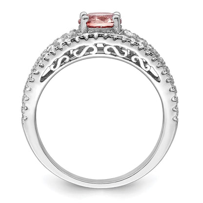 Sterling Silver Rhodium Plated Cz And Pink Glass Fancy Ring