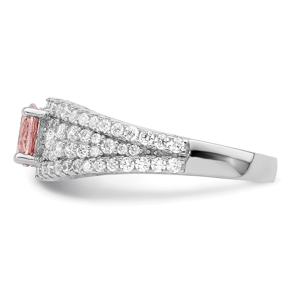 Sterling Silver Rhodium Plated Cz And Pink Glass Fancy Ring
