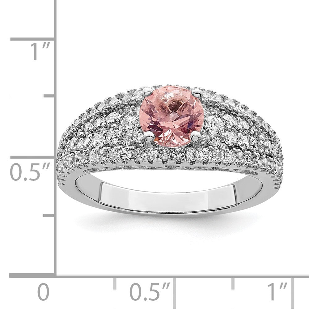 Sterling Silver Rhodium Plated Cz And Pink Glass Fancy Ring