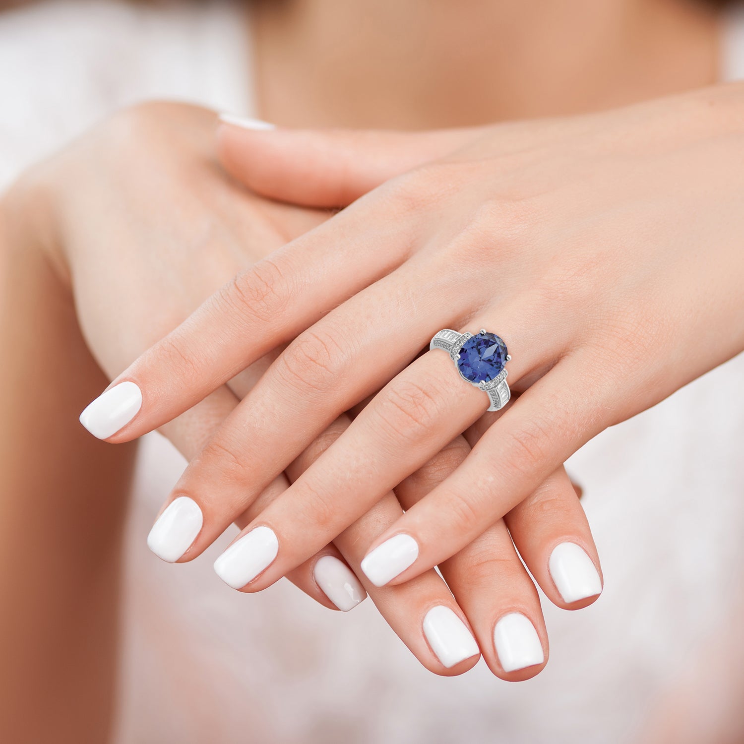 Sterling Silver Rhodium Plated Blue & White Cz Ring