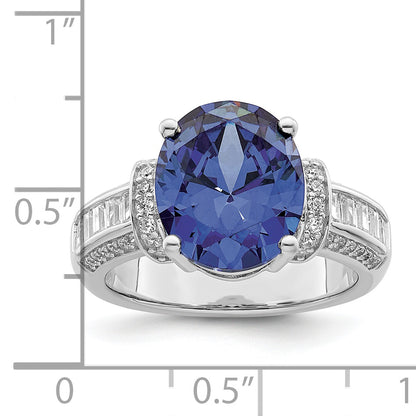 Sterling Silver Rhodium Plated Blue & White Cz Ring