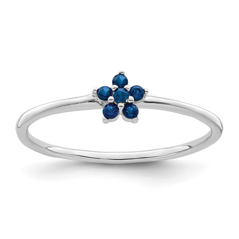Sterling Silver Rhodium Plated Polished Blue Cz Flower Ring