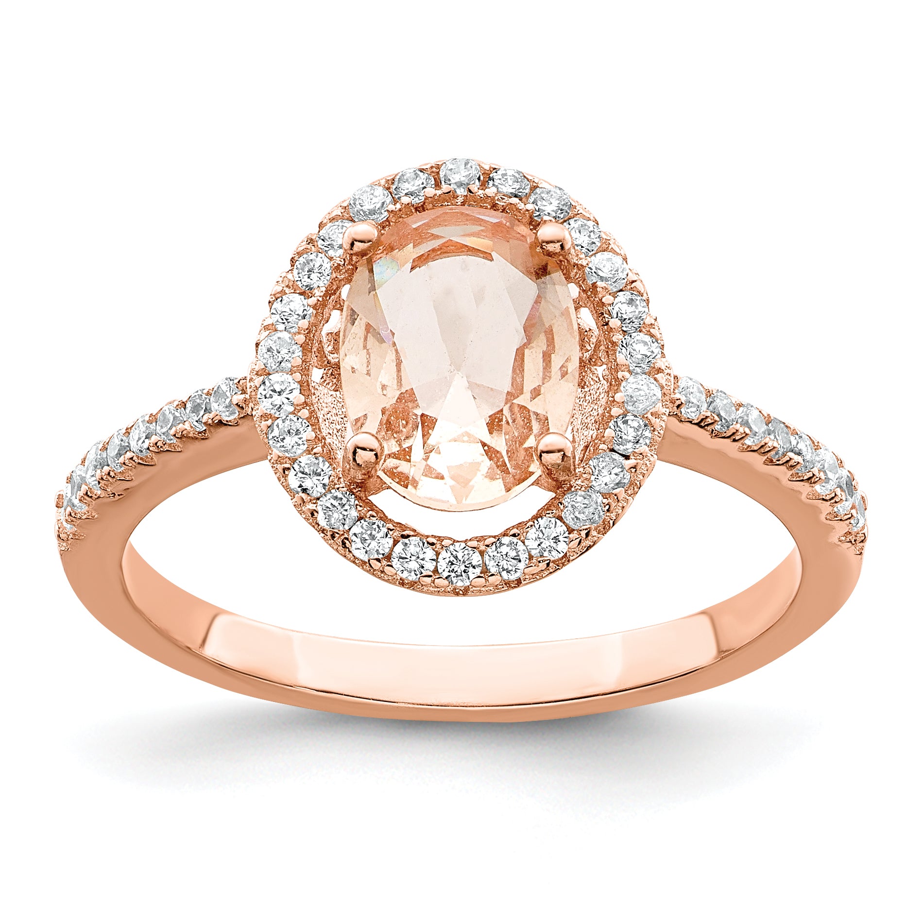 Sterling Silver Rose Tone Pink & White Cz Oval Ring