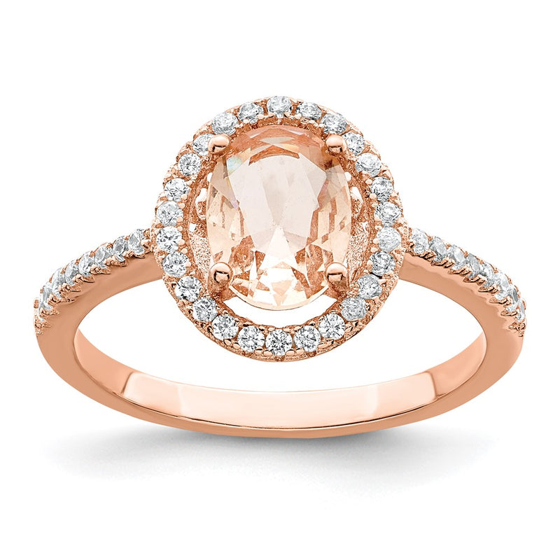Sterling Silver Rose Tone Pink & White Cz Oval Ring