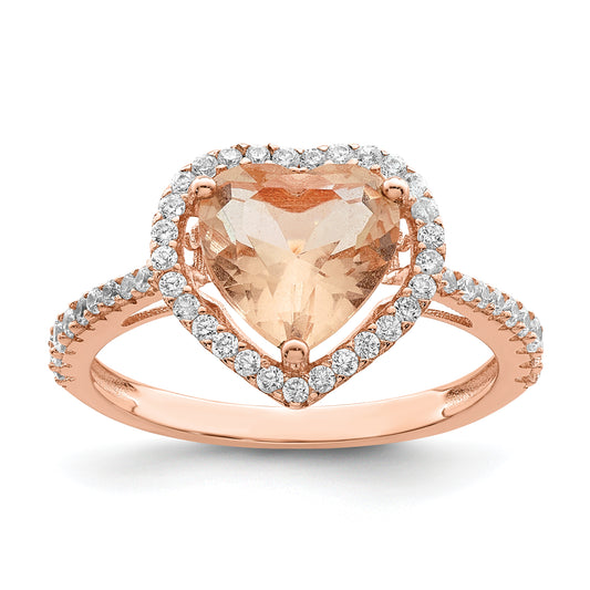 Sterling Silver Rose Tone Pink & White Cz Heart Ring