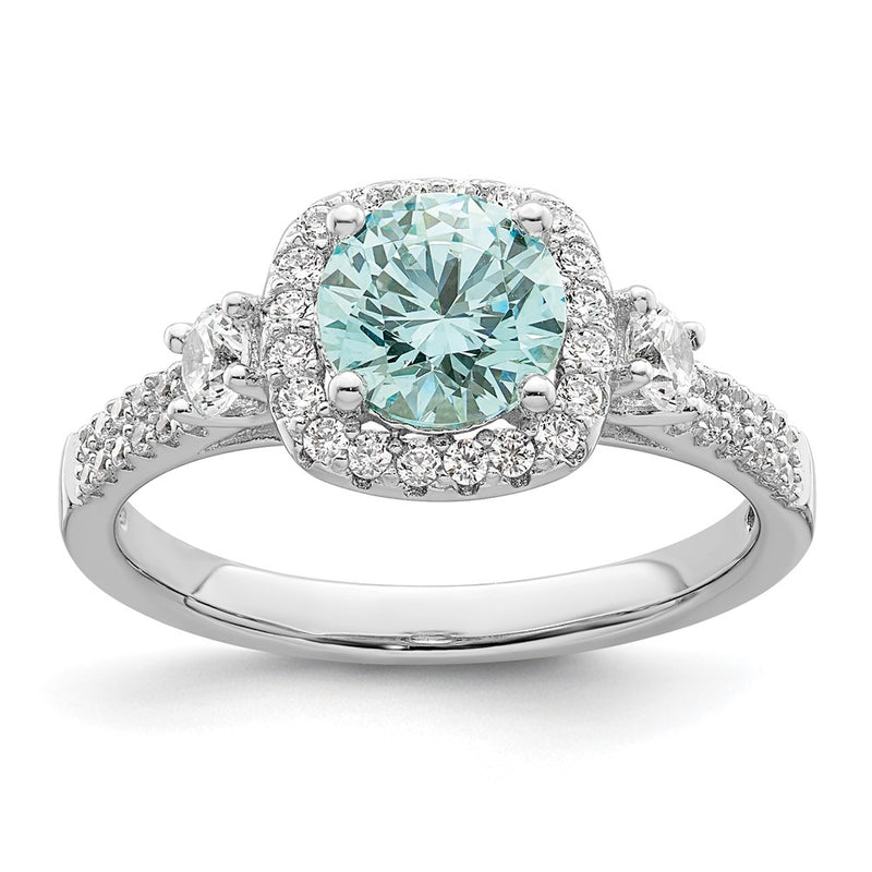 Sterling Silver Rhodium Plated Carribean Green & White Cz Ring