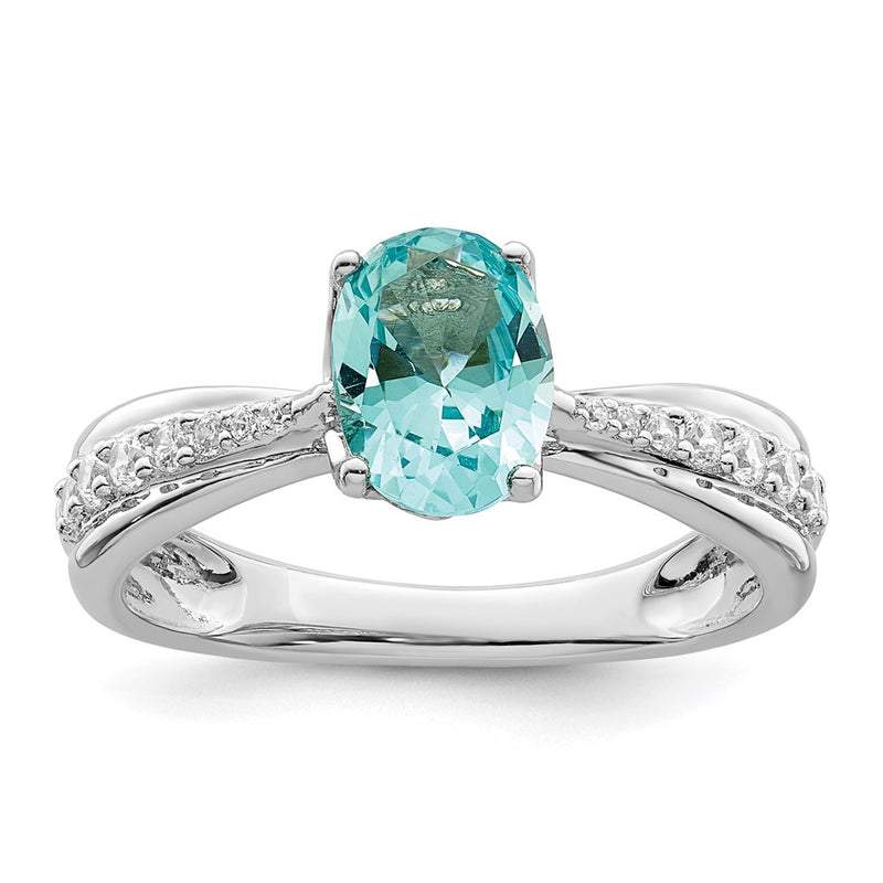 Sterling Silver Rhodium Plated Blue Green & Clear Cz Ring (Size 8 Only)