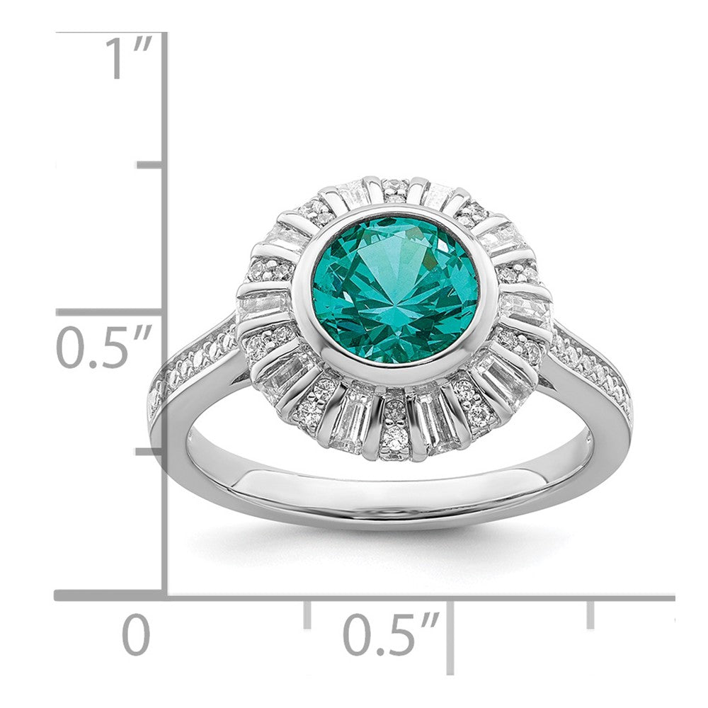 Sterling Silver Rhodium Plated White And Teal Cz Ring