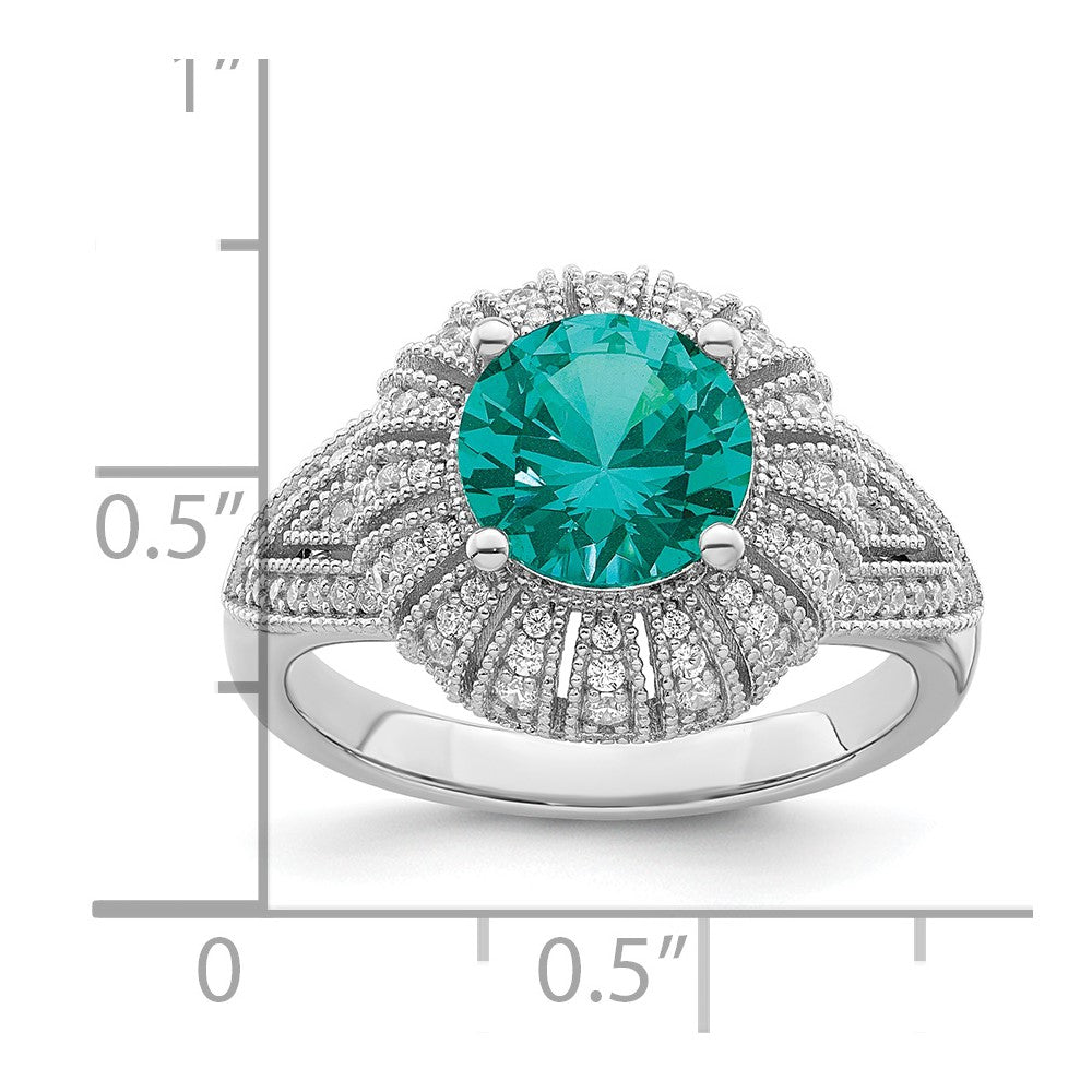 Sterling Silver Rhodium Plated Clear And Teal Cz Vintage Style Ring