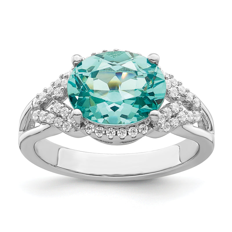 Sterling Silver Rhodium Plated Green And White Cz Ring