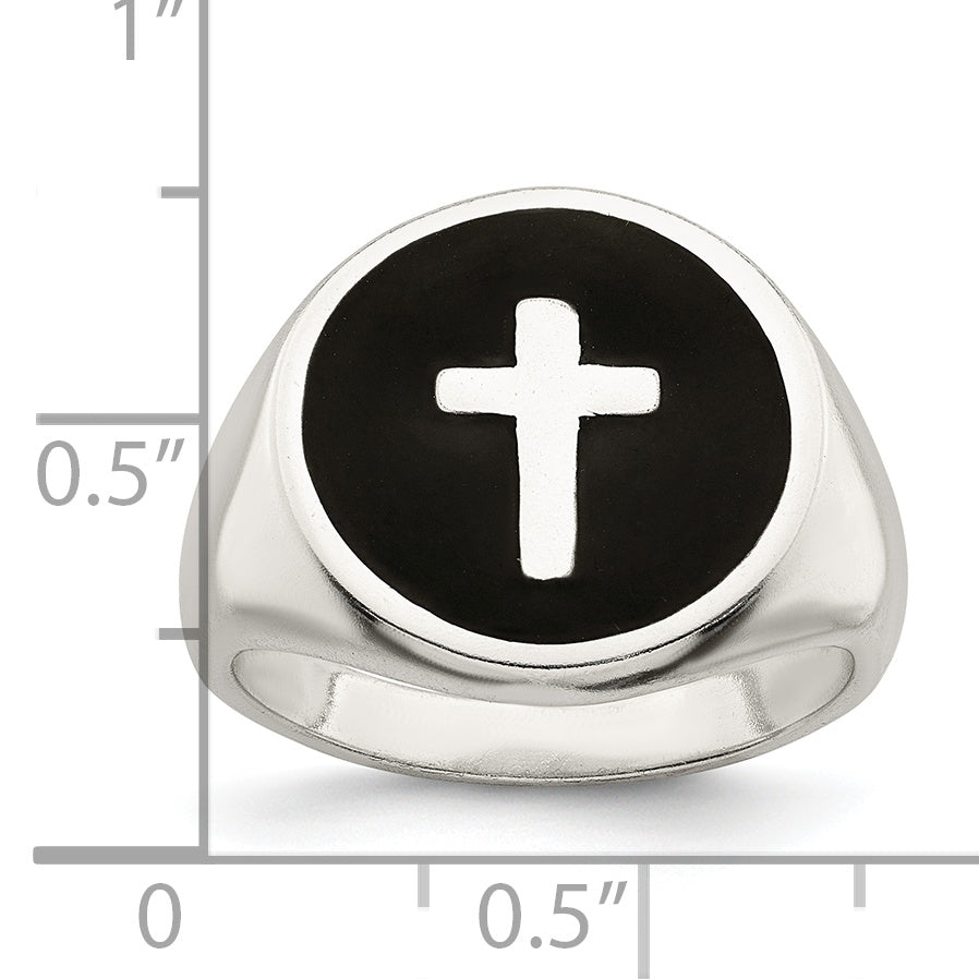 Sterling Silver Rhodium Plated Enameled Cross Ring