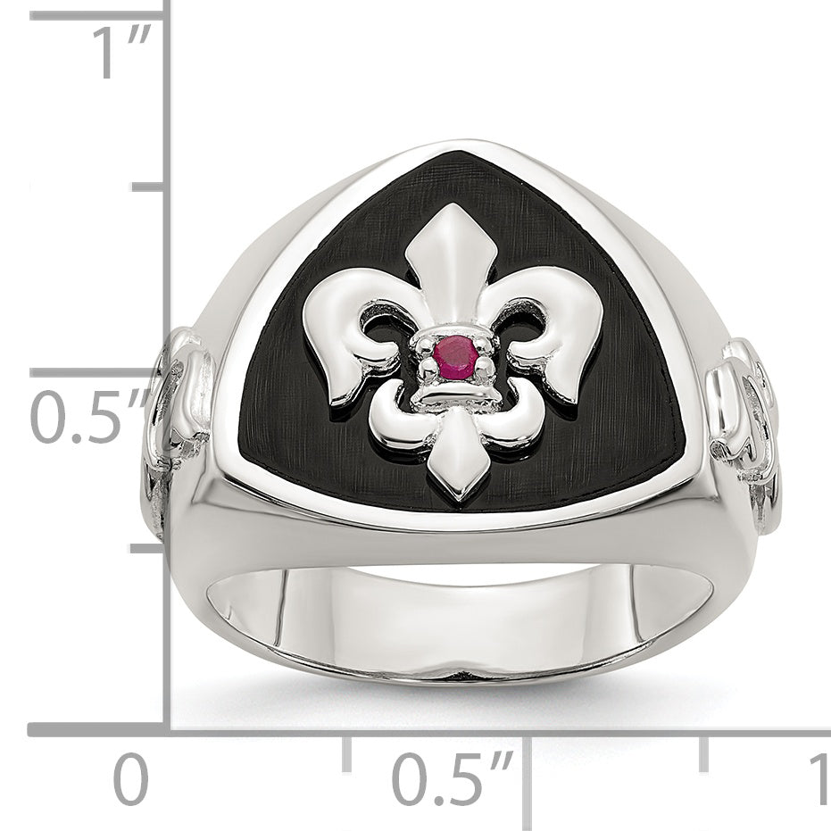 Sterling Silver .03Ruby/Black Agate Fleur De Lis Ring