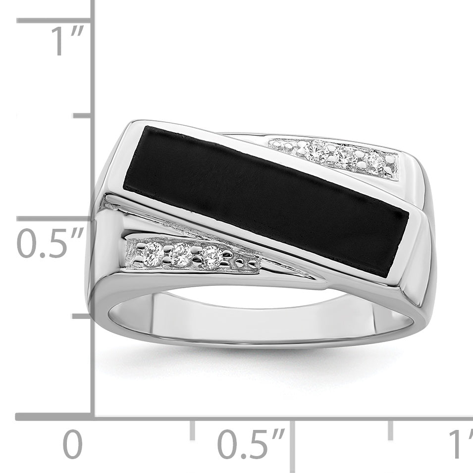 Sterling Silver Rhodium Plated Cz & Onyx Ring