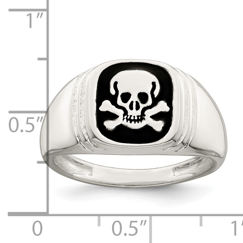 Sterling Silver Black Enameled Mens Skull And Crossbones Ring