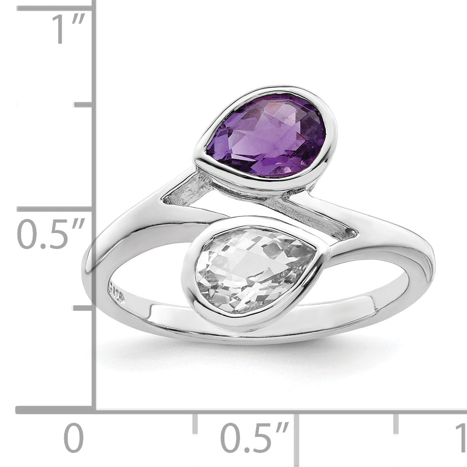 Sterling Silver Rhodium Plated Pear Shape Amethyst & White Topaz Ring
