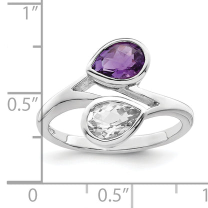 Sterling Silver Rhodium Plated Pear Shape Amethyst & White Topaz Ring