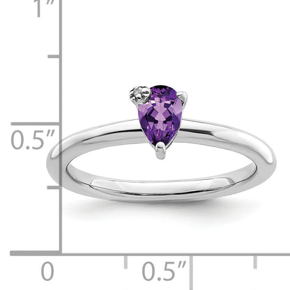 Sterling Silver Rhodium Plated Polished Pear Amethyst & White Topaz Ring