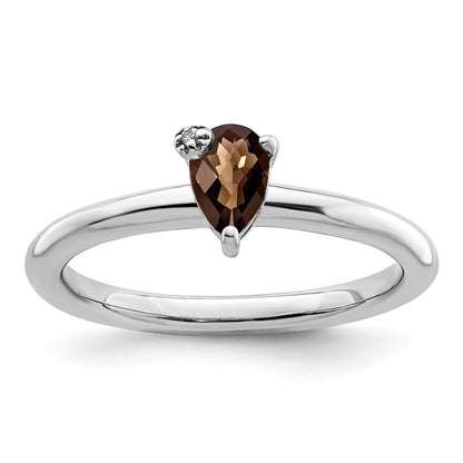 Sterling Silver Rhodium Plated Pear Smoky Quartz & White Topaz Ring