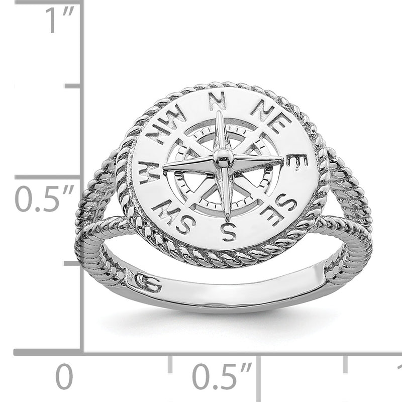 Sterling Silver De Ani Rhodium Plated Polished Compass With Rope Trim Ring