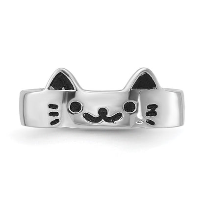 Sterling Silver Rhodium-Plated Enameled Cat Adjustable Ring