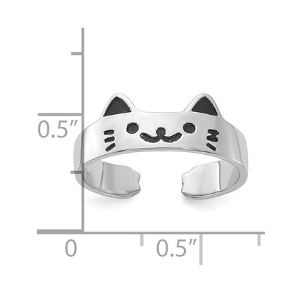 Sterling Silver Rhodium-Plated Enameled Cat Adjustable Ring