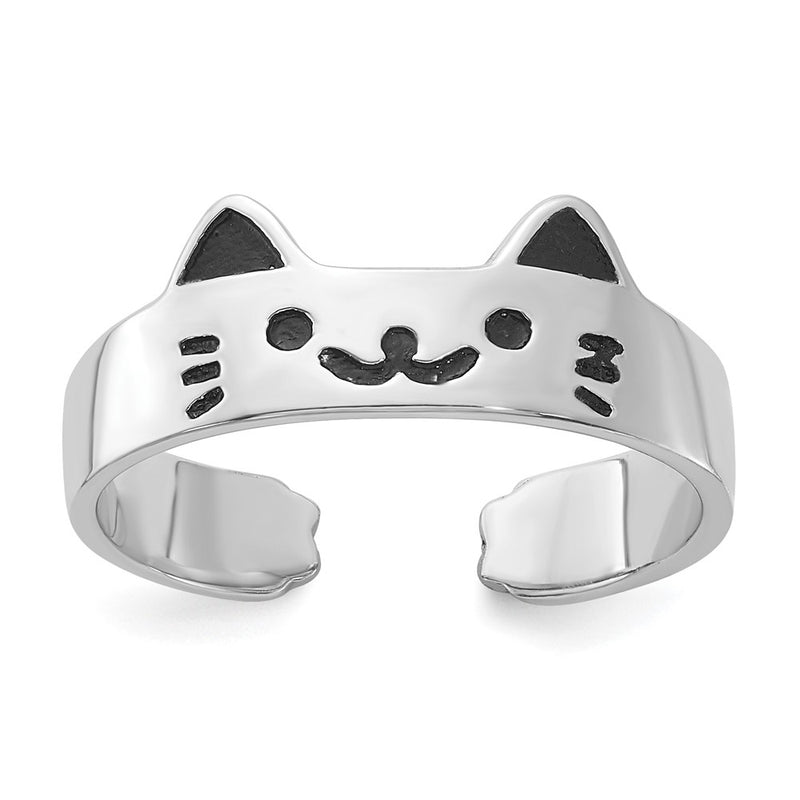 Sterling Silver Rhodium-Plated Enameled Cat Adjustable Ring