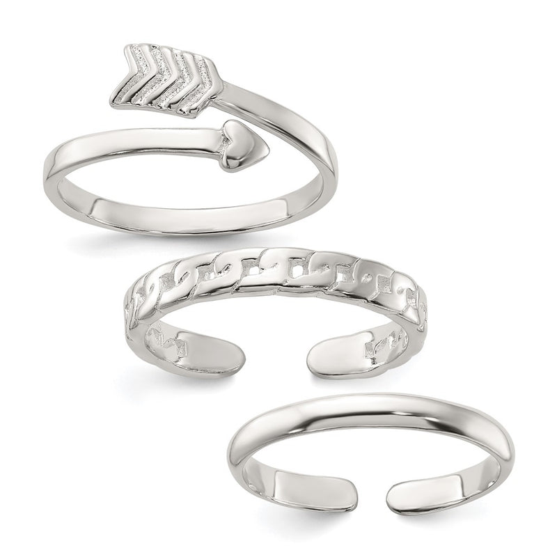 Sterling Silver Polished Arrow/chain Link/plain Set of 3 Toe Rings