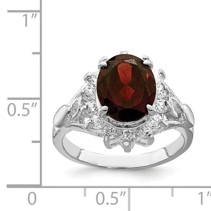 Sterling Silver Rhodium Plated Garnet & Cz Ring (Size 8 Only)