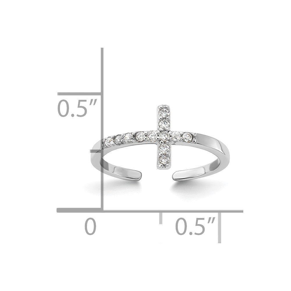 Sterling Silver Rhodium-Plated CZ Sideways Cross Toe Ring