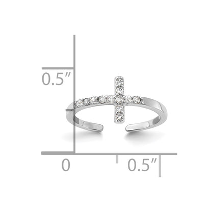 Sterling Silver Rhodium-Plated CZ Sideways Cross Toe Ring
