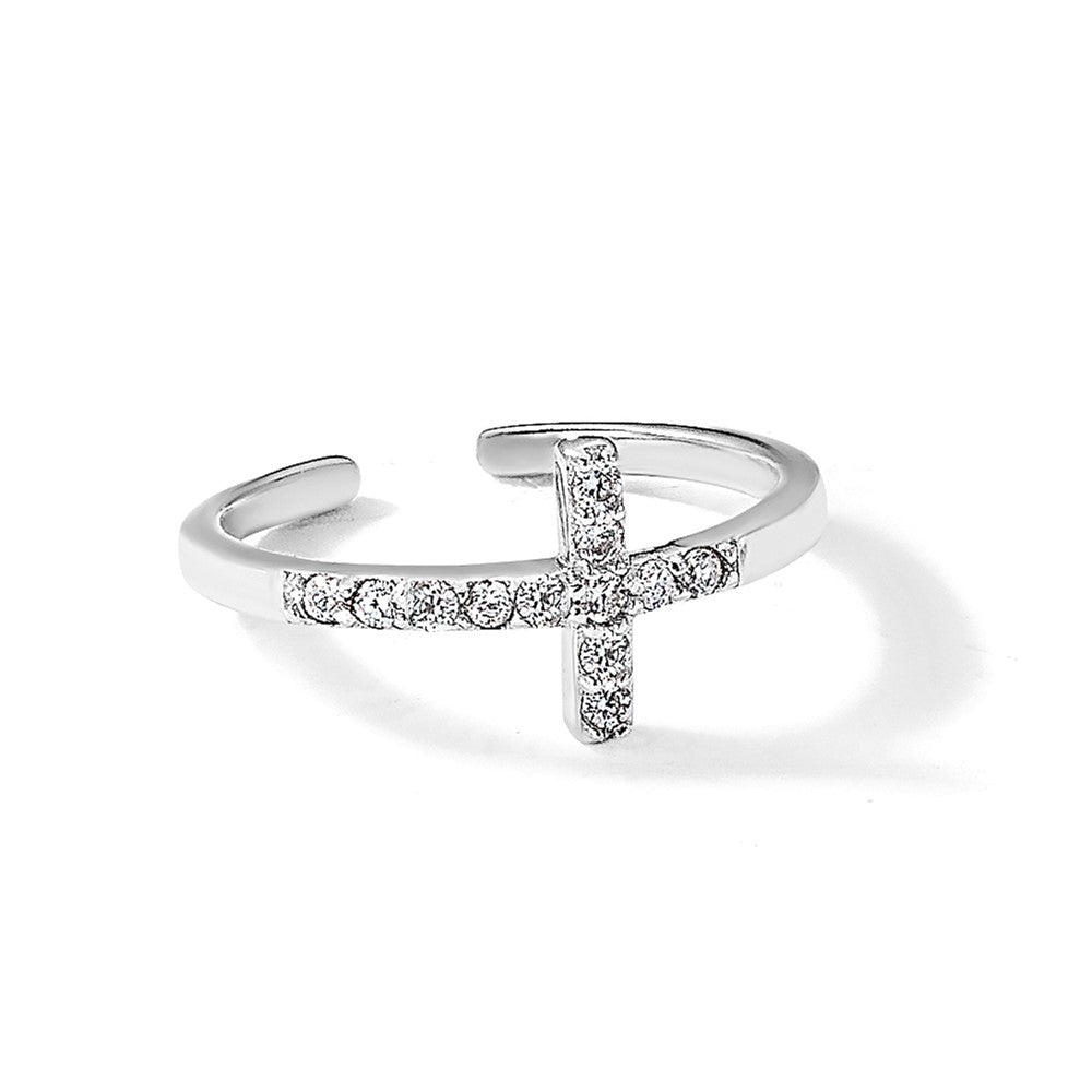 Sterling Silver Rhodium-Plated CZ Sideways Cross Toe Ring