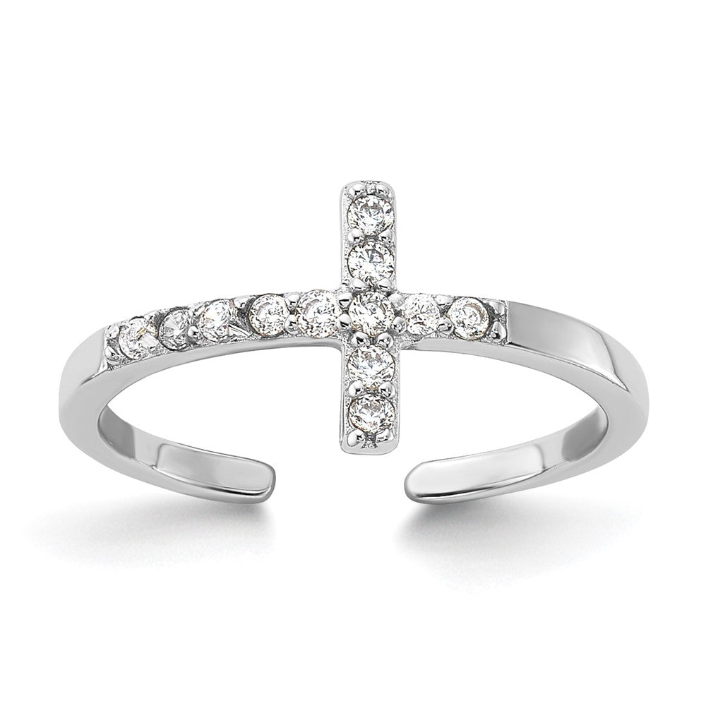 Sterling Silver Rhodium-Plated CZ Sideways Cross Toe Ring