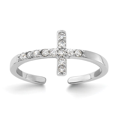 Sterling Silver Rhodium-Plated CZ Sideways Cross Toe Ring