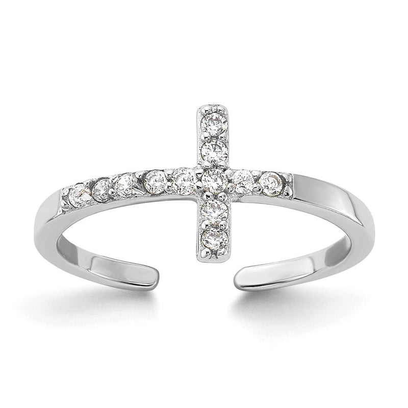Sterling Silver Rhodium-Plated CZ Sideways Cross Toe Ring