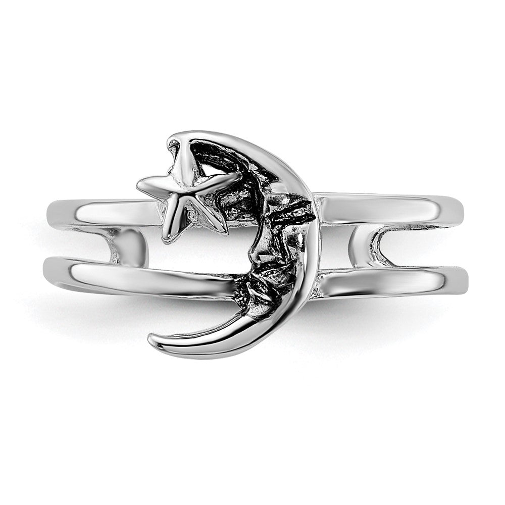 Sterling Silver Rhodium-Plated Oxidized Moon and Star Toe Ring