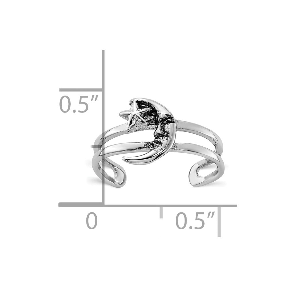 Sterling Silver Rhodium-Plated Oxidized Moon and Star Toe Ring