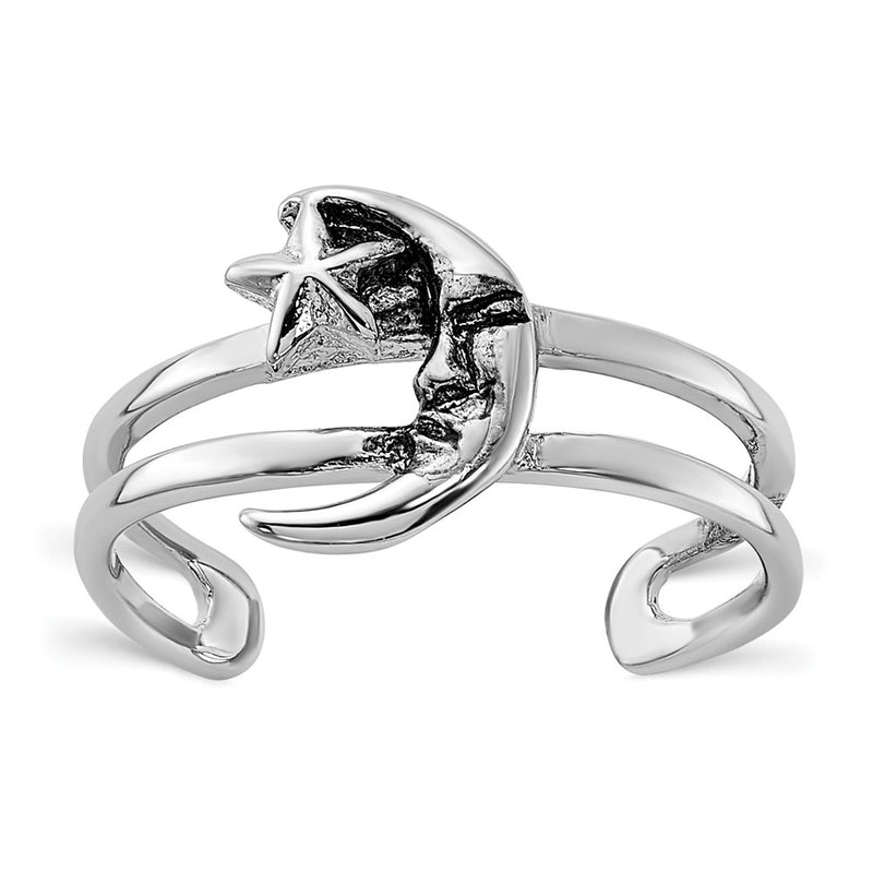 Sterling Silver Rhodium-Plated Oxidized Moon and Star Toe Ring