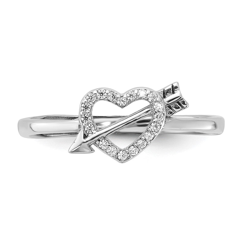 Sterling Silver Rhodium-Plated CZ Heart with Arrow Adjustable Ring
