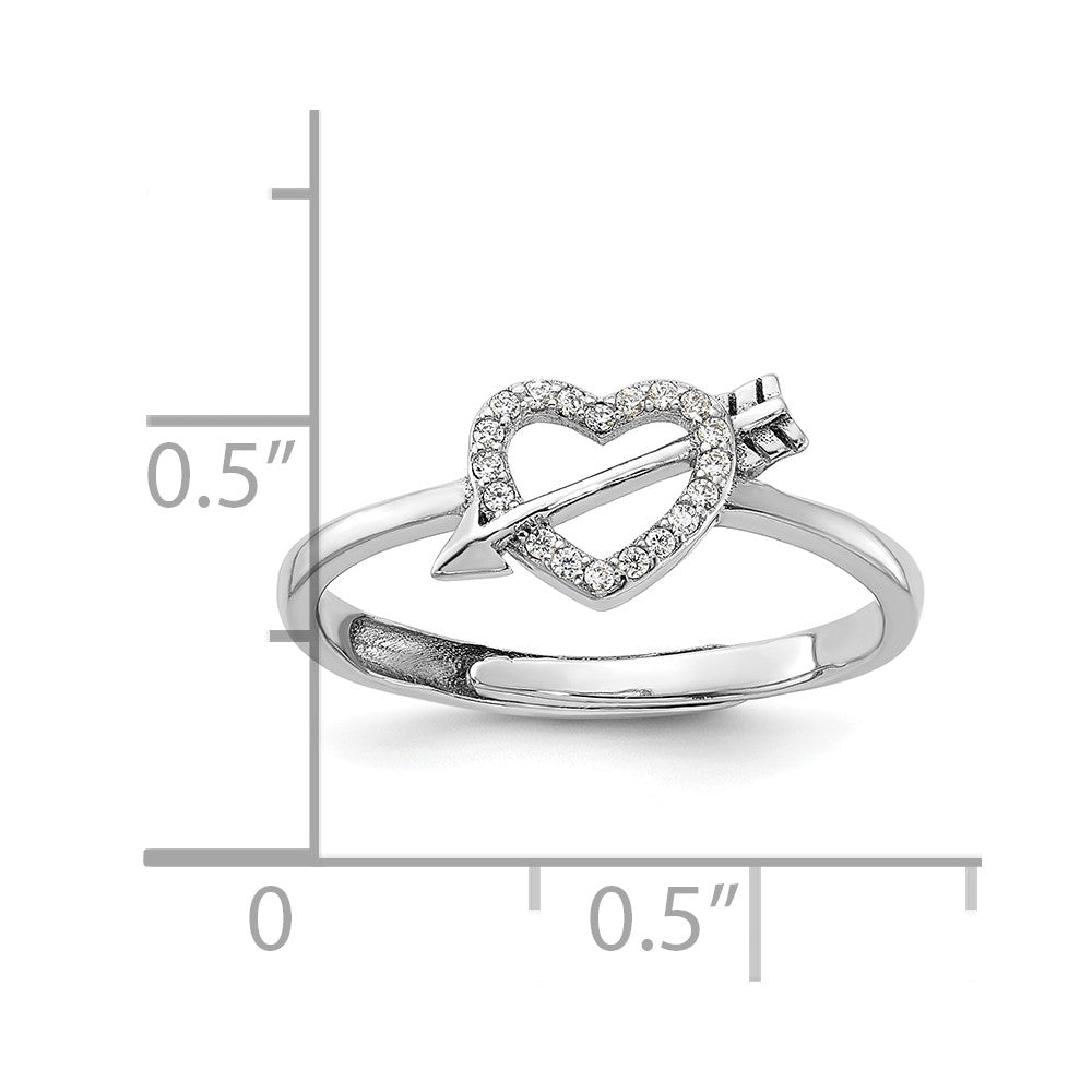 Sterling Silver Rhodium-Plated CZ Heart with Arrow Adjustable Ring