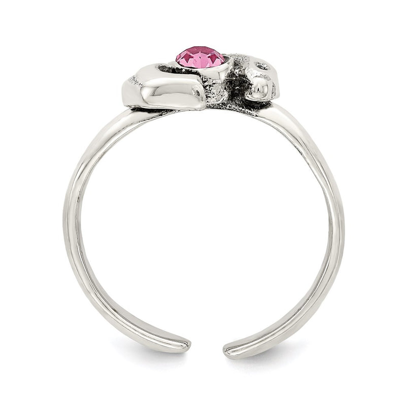 Sterling Silver Antiqued Pink Cz Dolphin Toe Ring
